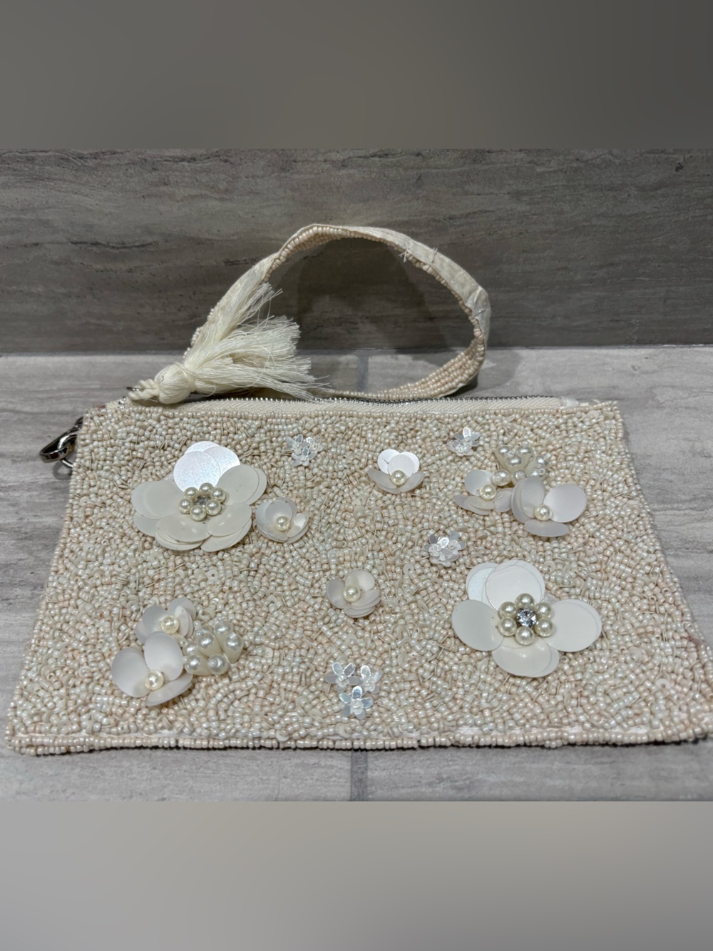 Ivory Beaded Floral Wristlet Clutch Pearl Sequin Evening Bag Bridal Purse